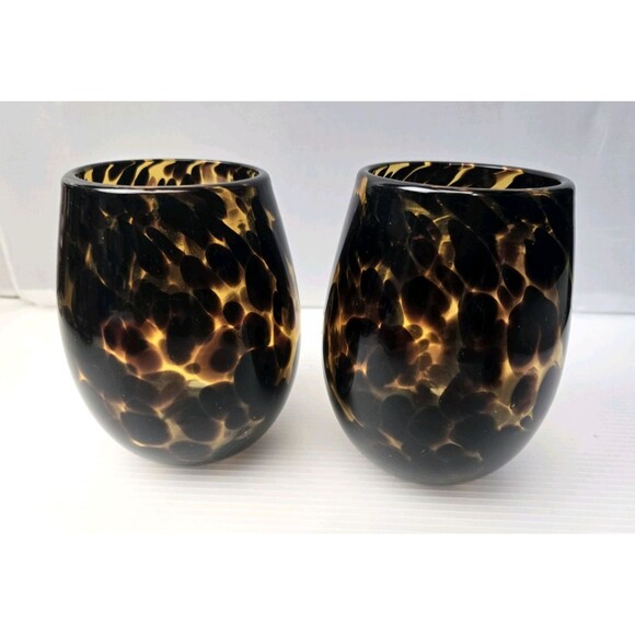 Hand Blown Stemless Tortoise Shell Wine Glass Amber Leopard Pattern Set of 2 - Picture 4 of 12
